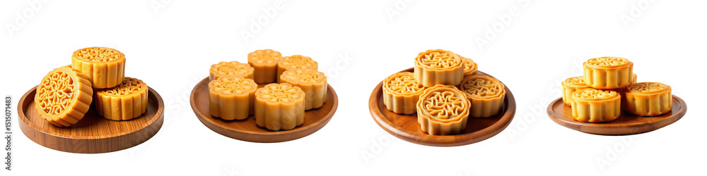 Poster elegant assortment of traditional mooncakes displayed on wooden plates with intricate patterns and t