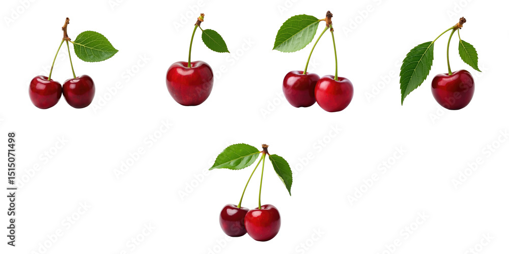 Poster collection of fresh red cherries with green leaves displayed on a transparent background featuring i