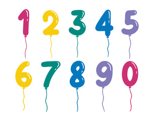 Plakat helium balloons in the shape numbers for childrens kids birthday. Cute and positive decor hand drawn set. Colorful drawing line clipart symbol collection