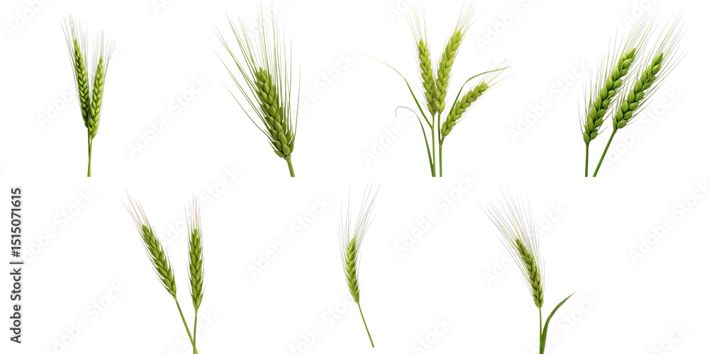 Poster green wheat ears collection on transparent background featuring multiple views of lush grain spikes 