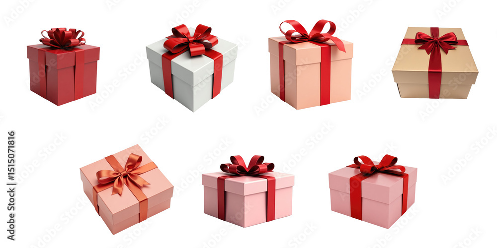 Poster collection of colorful gift boxes in various designs with red ribbons and bows on a transparent back
