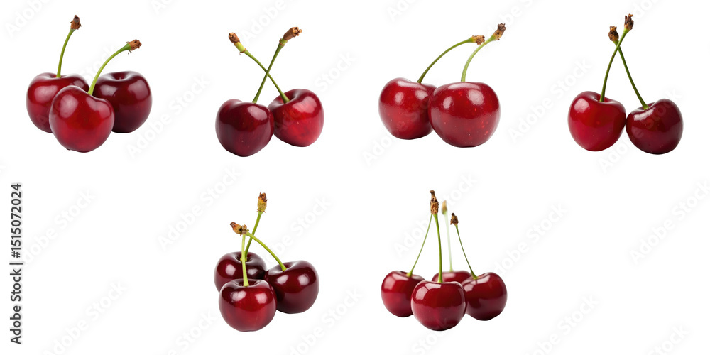 Poster collection of glossy red cherries on transparent background featuring various arrangements with twig