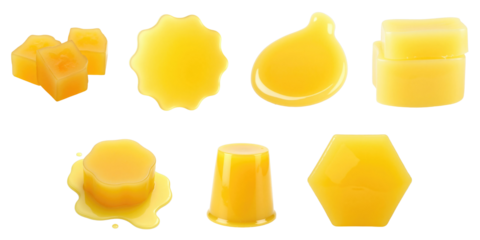 Collection of Yellow Gelatin Shapes on transparent Background Featuring Various Forms Including Cubes, Discs, and Hexagons in a Vibrant Yellow Color
