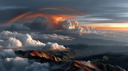 Majestic rainbow over mountain landscape at sunset cloudy sky background nature photography serene environment