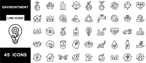 Environment Line Icons Set Featuring Eco Conservation, Recycling, Clean Energy, Green Living, Earth Protection, Nature Symbols, Trees, Water, and Sustainable Cities