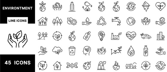 Environment Line Icons Set Featuring Eco Conservation, Recycling, Clean Energy, Green Living, Earth Protection, Nature Symbols, Trees, Water, and Sustainable Cities
