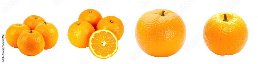 Poster collection of realistic oranges featuring whole fruits and a sliced orange showing texture and brigh