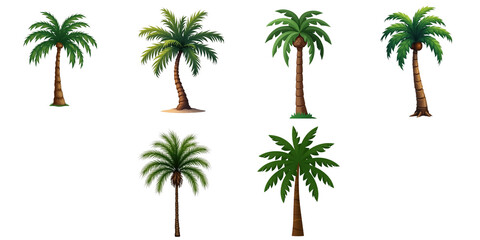 Fototapeta premium Collection of six distinct palm tree illustrations featuring various styles, colors, and textures, ranging from realistic to stylized designs with detailed foliage and trunks.