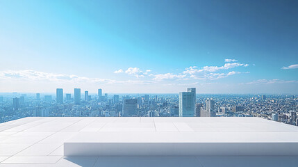 white platform overlooking minimalist city skyline under clear blue sky