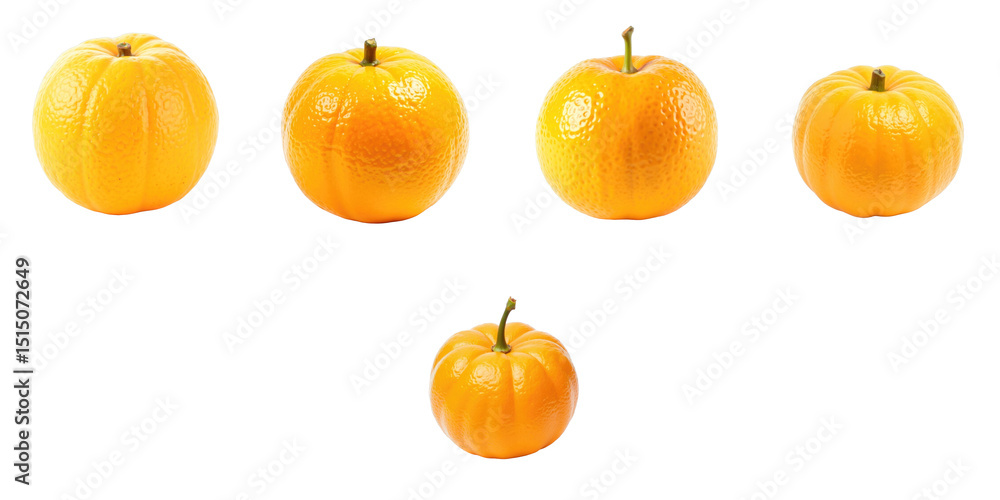 Poster collection of five realistic orange pumpkins displayed on a transparent background highlighting diff