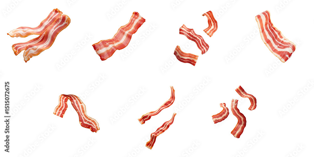 Poster sliced bacon strips on transparent background featuring various shapes and textures for culinary des