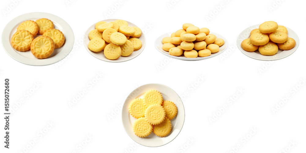 Poster variety of round biscuits displayed on plates with different arrangements highlighting texture and c