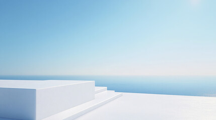 serene white platform overlooks tranquil ocean under clear blue sky, evoking peace