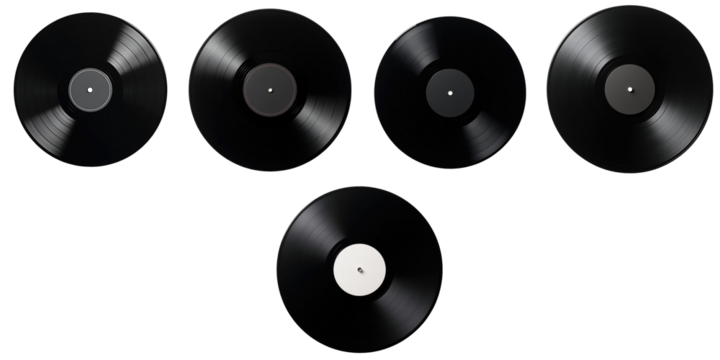 Collection of five vinyl records displaying varying designs and center labels, featuring matte and shiny transparent finishes on a dark background ideal for retro-themed projects.