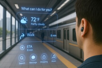 A commuter uses an augmented reality interface at a train station, viewing weather updates and directions on a futuristic display.
