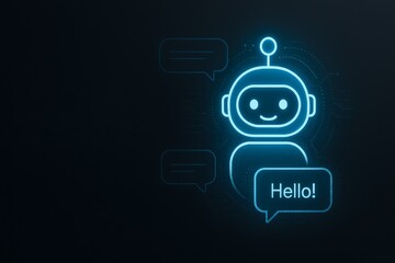 Chatbot greeting user in neon style. Cute digital assistant with glowing text bubble saying Hello in a dark interface.