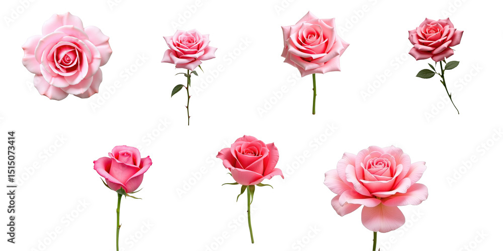 Poster collection of pink roses in various stages of bloom displayed on transparent background showcasing r