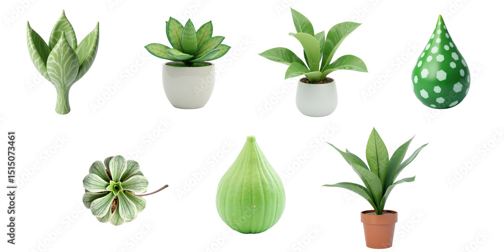 Poster collection of various green plants in unique shapes and textures on transparent background featuring