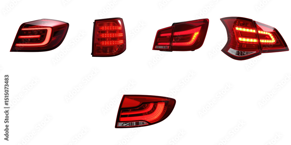 Poster Collection of Multiple Car Tail Lights Featuring Distinctive Red LED Designs on a transparent Background Showcasing Various Styles and Shapes Ideal for Automotive Graphics
