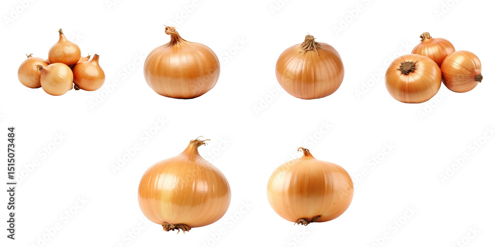 Poster collection of fresh onions displayed on transparent background featuring various sizes and shapes of