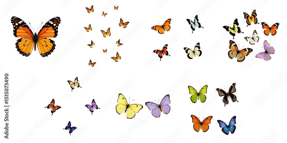 Poster assorted colorful butterflies collection featuring diverse species with vivid patterns and transpare
