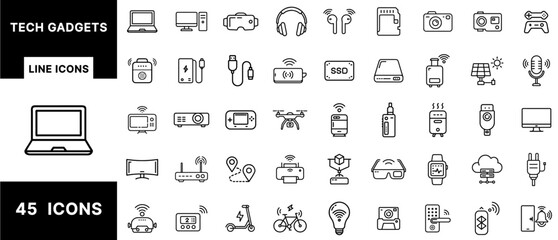 Tech Gadgets Line Icons Set Featuring Drones, Smart Devices, VR, Wearables, Headphones, Cameras, Consoles, Bluetooth, Chargers, USB, and IoT Electronics