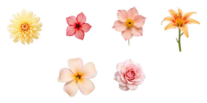 Collection of Colorful Flowers on transparent Background Featuring Yellow, Pink, and Orange Blooms with Unique Petal Shapes and Varied Foliage for Floral Design and Decoration Use