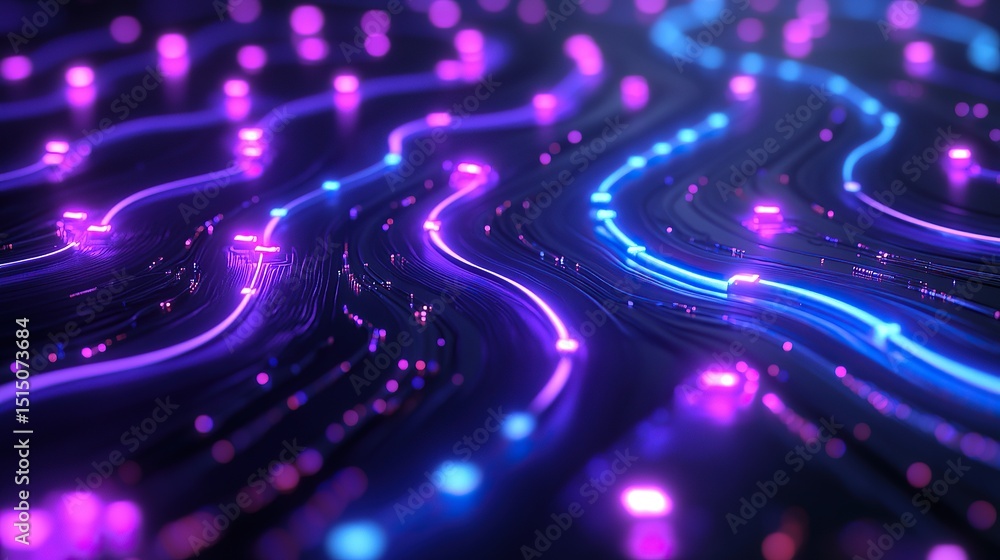 Poster a 3d-rendered circuit pattern glowing turquoise and purple energy ribbons running through micro-comp