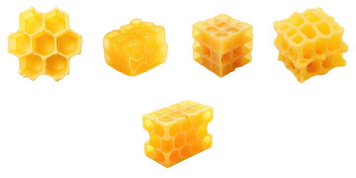 Collection of honeycomb structures in various shapes, showcasing intricate hexagonal patterns and a vibrant yellow color, set against a contrasting transparent background.