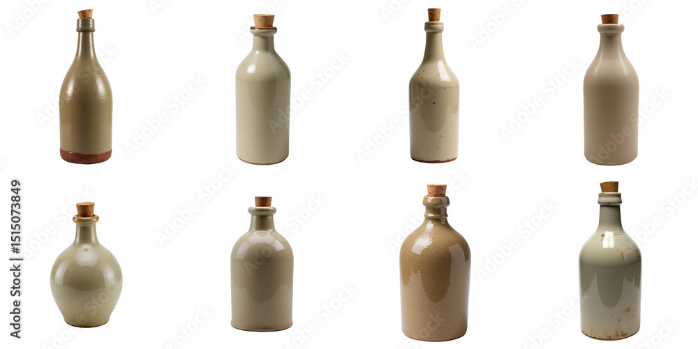 Poster collection of vintage ceramic bottles displayed on a transparent background featuring various shapes
