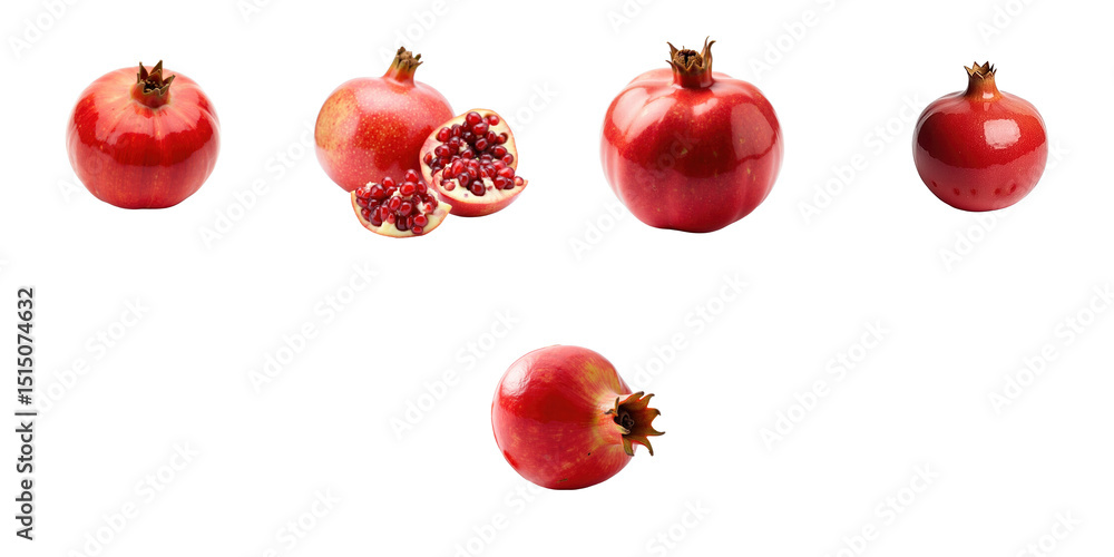 Poster collection of vibrantly red pomegranates displaying whole and cut fruits with juicy seeds on a trans