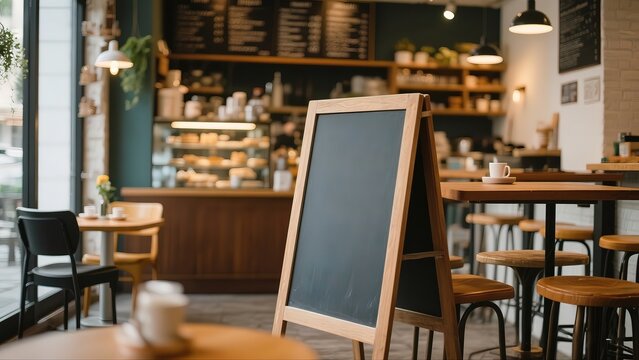 A cozy café interior features a black chalkboard menu with a wooden frame standing prominently in the foreground. In the background,