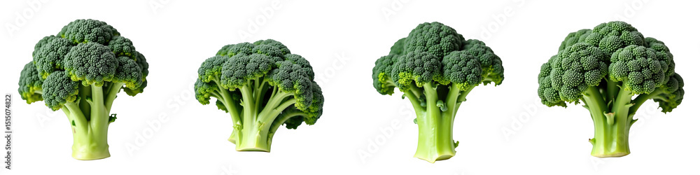 Poster arrangement of fresh broccoli heads displayed in diverse angles on a transparent background showcasi
