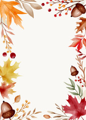 Autumnal frame with watercolor leaves. Fall season background. Greeting card or invitation