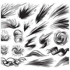 Fototapeta premium line movement element vector set, comic speed lines, motion lines, dynamic effect, manga action elements, swoosh, burst, swirl, impact stroke, motion streaks,