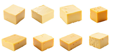Fototapeta premium A variety of yellow cheese cubes displayed against a transparent background, showcasing different shapes and textures, ideal for culinary use or food presentations.
