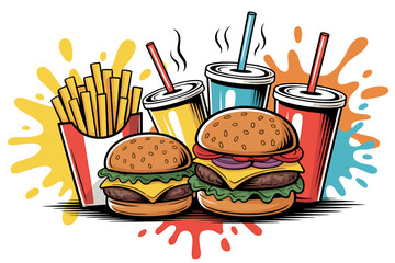 A Colorful Illustration Featuring Two Delicious Burgers, French Fries, and Soda