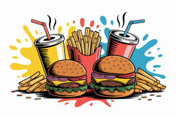 A Colorful Illustration Featuring Two Delicious Burgers, Fries, and Drinks