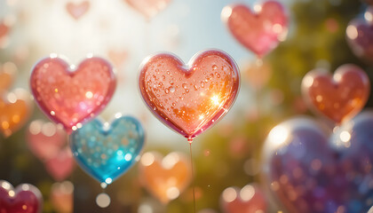 Colorful heart-shaped balloons floating in the sunlight create a cheerful atmosphere at a festive outdoor event