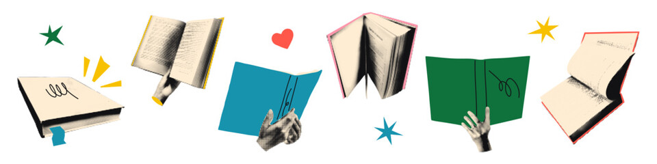 Halftone hands holding open books art collage cut outs set. Reading together, book exchange, crossing, swapping, education and study concept. Modern retro vector illustration for mixed media design