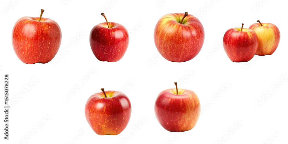 Poster collection of freshly picked red apples displayed on a transparent background featuring varied sizes