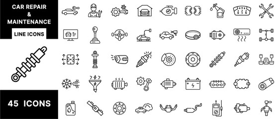 Car Repair and Maintenance Line Icons Set Featuring Engine Parts, Tools, Diagnostics, Oil Change, Vehicle Lift, Spark Plug, Brake System, Fluids, and Suspension