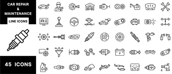 Car Repair and Maintenance Line Icons Set Featuring Engine Parts, Tools, Diagnostics, Oil Change, Vehicle Lift, Spark Plug, Brake System, Fluids, and Suspension