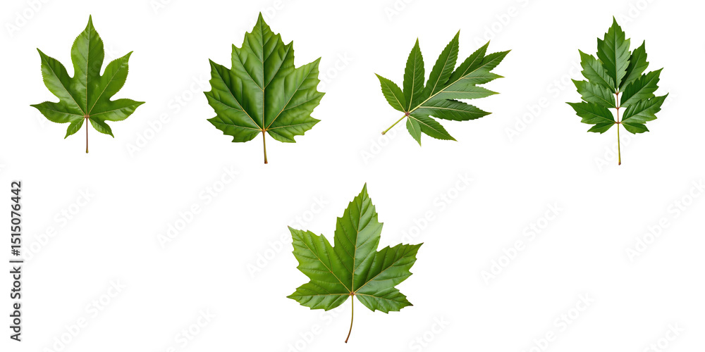 Poster collection of various green leaves on a transparent background featuring different shapes and sizes 