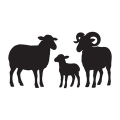 Family of sheep: A silhouette image showcasing a sheep family, depicting a ram with prominent horns, a ewe, and a lamb, representing themes of family and agriculture.