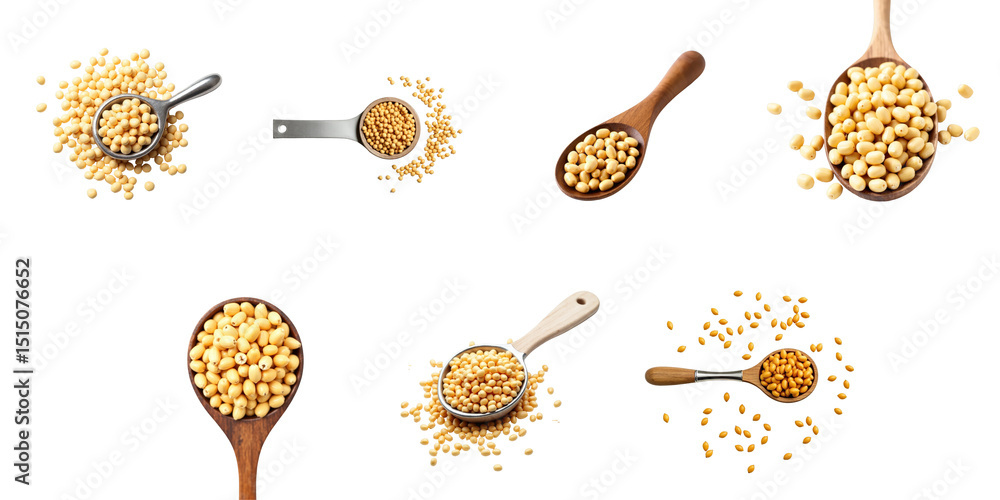 Aufkleber assorted yellow lentils in various wooden spoons and a metal strainer on transparent background disp