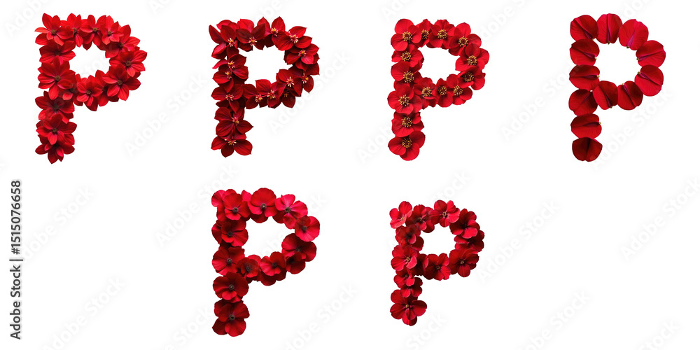 Poster collection of artistic red flower letters featuring multiple variations of the letter p formed with 