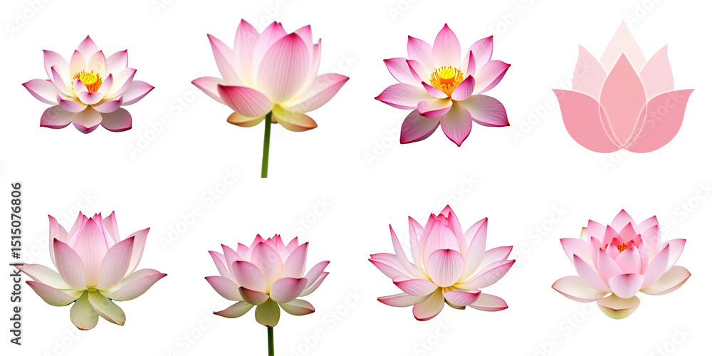 Poster collection of various pink lotus flowers with different designs and blooms on a transparent backgrou