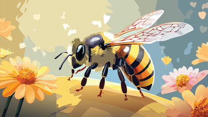 Fototapeta premium Vector of a Brightly Colored Bee with Detailed Textures and Blurred Floral Background – Nature Documentary Style