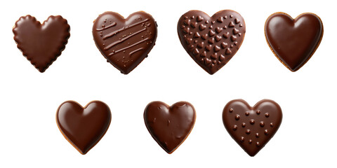 Collection of Chocolate Heart-Shaped Treats Displayed on transparent Background Featuring Various Designs and Textures in a Row with Smooth and Textured Surfaces
